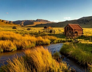 Golden Hour Serenity: An old rustic building stands near a stream, embraced by a vibrant field of golden grass, all under the expansive, clear blue of a breathtaking sky.