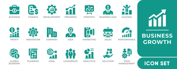 Business Growth Icon Set. Includes profit, revenue, chart, progress, and success icons. Perfect for startup pitch decks, financial reports, and corporate infographics.