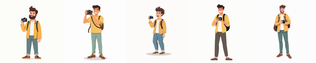 Fototapeta premium Happy Male Tourist Characters Taking Photos with Camera – Travel and Photography Concept