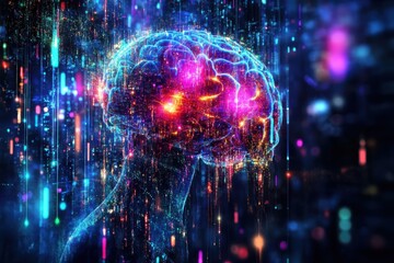 Obraz premium Digital background showcasing artificial intelligence, neural networks, data transfer, encryption, and tech processes in education and science