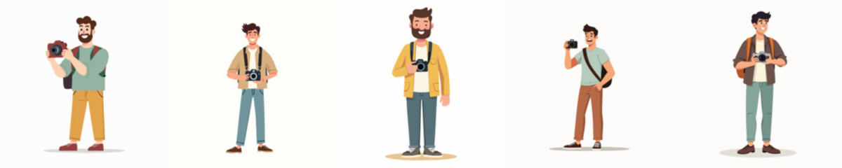 Happy Male Tourist Characters Taking Photos with Camera – Travel and Photography Concept