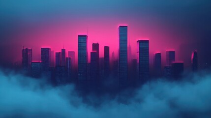 Fototapeta premium Neon City Skyline at Dusk with Mist Light Reflections and Urban Architecture in a Futuristic Atmosphere