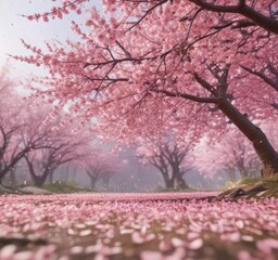 Falling sakura petals, blurred spring landscape, pink hues dominate ,  gentle,  background