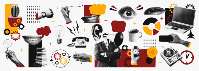 Creative halftone collage cutout business design elements for modern business and innovation concepts. Laptop, voice recorder, eyes, cactus, block, diagram, magnifier for technology, startup, idea.