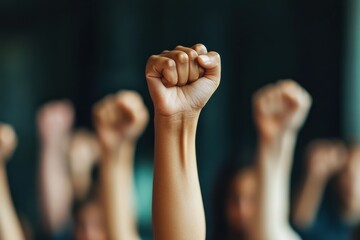 United Hands: A Group Solidarity in Defiance, Protesting with Raised Fists for Rights and Equality