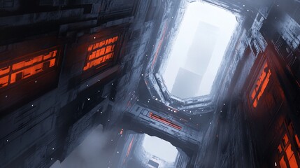 Futuristic, subterranean, urban passageway with glowing orange windows and misty atmosphere.