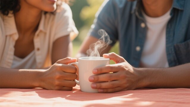 Couple sharing coffee outdoors, enjoying quality time together.