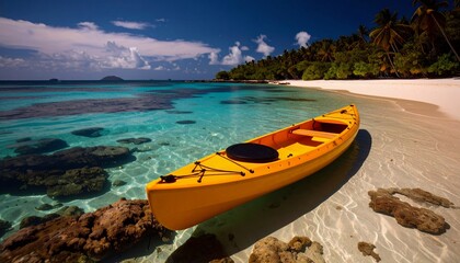 Kayaking Paradise: An inviting scene of tropical splendor unfolds, showcasing a vibrant yellow kayak nestled on a pristine sandy beach, overlooking the inviting turquoise sea.