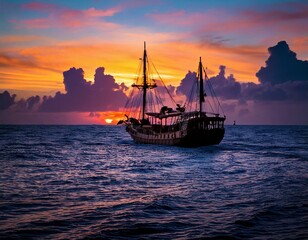 Sailing into the Sunset: A majestic sailboat glides serenely across the tranquil ocean, silhouetted against the vibrant hues of a sunset, creating a scene of tranquility and adventure.