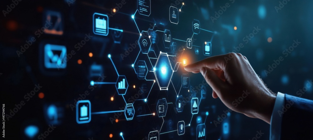 Poster A businessman's hand interacts with a futuristic digital interface showcasing interconnected network nodes, data, and analytics for business intelligence. : Generative AI