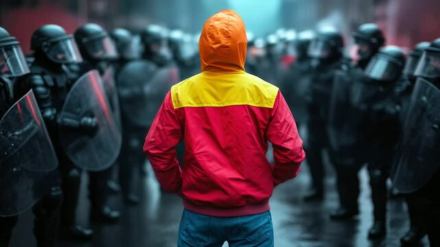 A lone protester in a brightly colored jacket, facing a group of riot police with shields and batons, symbolizing courage and resistance amid rising tension on the streets.