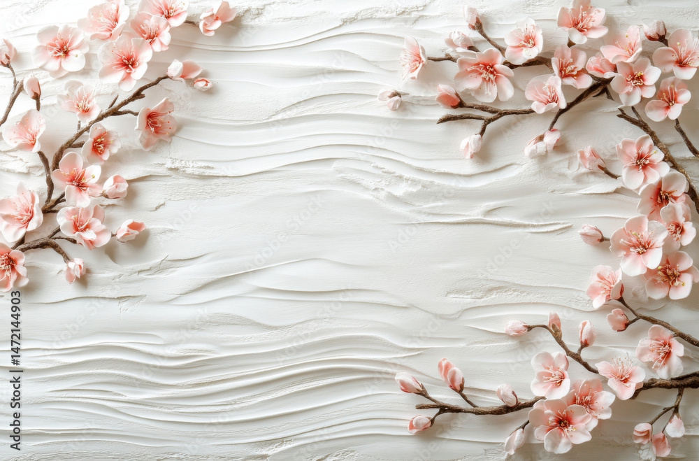 Poster delicate pink cherry blossoms arranged on a textured white background, creating a serene and elegant
