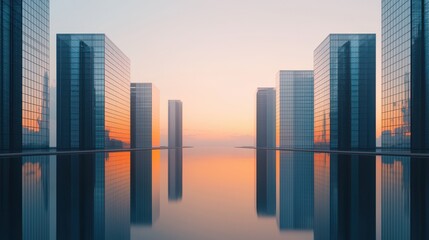Fototapeta premium Modern Urban Landscape with Glass Buildings Reflecting Sunrise over Calm Water