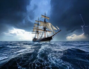 Fototapeta premium Stormy Sea Voyage: A majestic ship fearlessly navigates treacherous waves under a dark, stormy sky, embodying courage and the spirit of exploration.