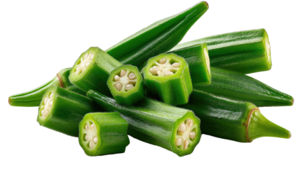 Fresh Okra Harvest: A vibrant collection of fresh okra pods, some whole and others sliced, showcasing the crisp green of this healthy vegetable, perfect for culinary creativity and organic living.