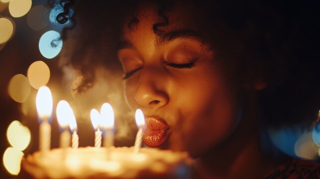 Girl blowing out birthday candles on cake with bokeh lights creating festive scene of celebration