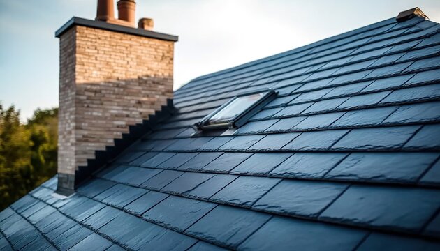 A close-up of a dark-tiled roof with skylights and a brick chimney against a partly cloudy sky and trees in the background.