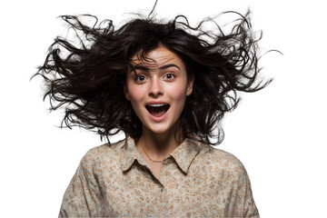 Surprised young woman with long brown hair blowing in the wind studio shot happy excited girl on transparent background