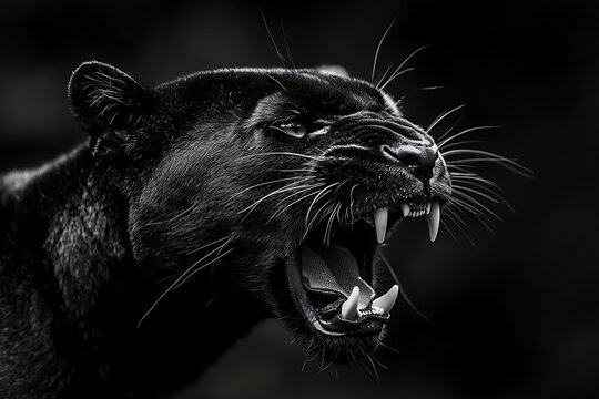 Fierce black panther with open mouth roaring displaying powerful sharp teeth