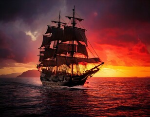 Fototapeta premium Sunset Sail: A majestic, fully-rigged ship sails through the open sea beneath a vivid sunset, the warm glow painting the sky with fiery hues and reflecting upon the tranquil water.
