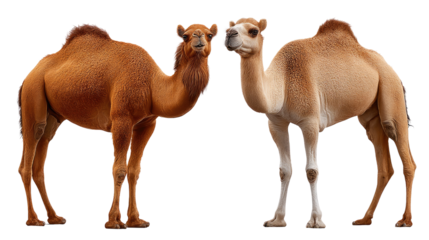 Camel Companions: Two camels stand side by side, showcasing their unique physique, reflecting the arid beauty of the desert with their robust forms, textured coats, and expressive faces. 
