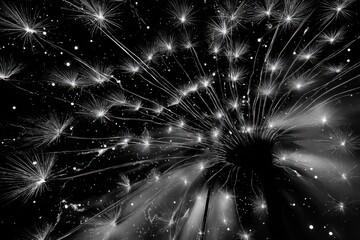 Obraz premium A striking monochrome close-up reveals the intricate, radiating structure of a dandelion seed head, resembling a celestial burst against a dark background. : Generative AI