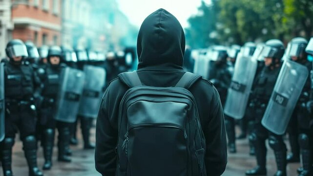 A protester in a black hoodie stands boldly facing a wall of riot police, their expression intense, as police hold batons and shields, illustrating the tension in modern social mov