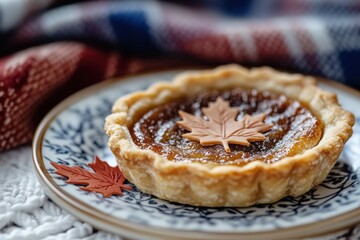 Sweet Butter Tart with Maple Leaf Decoration on Decorative Plate near Cozy Blanket