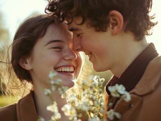 Happy young couple sharing a tender moment, embracing each other outdoors surrounded by flowers