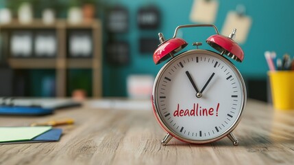 Red Alarm Clock with Deadline Text on a Wooden Table in a Bright Office Space for Time Management Theme