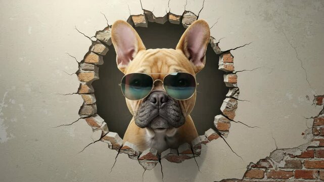 French Bulldog wearing sunglasses peeking through a wall  