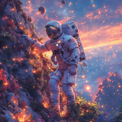 Fototapeta premium Astronaut on a Celestial Mountain: A lone astronaut, adorned in a sleek white spacesuit, traverses a celestial mountain landscape dotted with ethereal lights and glowing orbs.