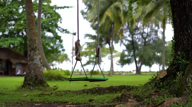 medium shot of an empty swing swinging by the wind blow under the tree with tight apperture