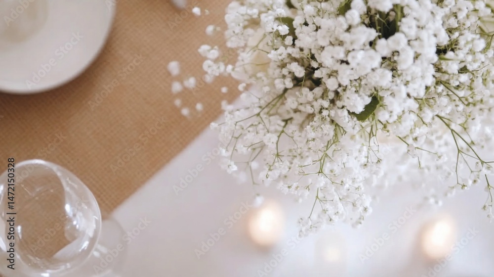 Aufkleber overhead view of a delicate gypsophila bouquet centerpiece on a table with candles and empty glasswa