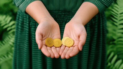 Obraz premium Woman Holding Golden Coins with Green Background and Foliage in Hands Full of Riches and Abundance