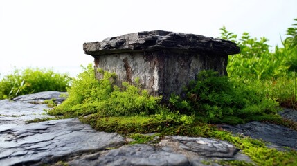 Weathered stone pillar, partially covered with vibrant green moss and plants, sits atop a rocky surface against a bright sky. : Generative AI