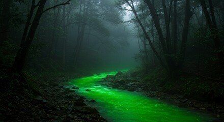 Fototapeta premium Misty, glowing green river winding through a dark forest