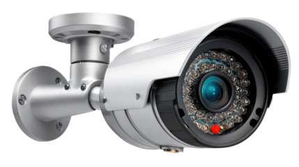 Surveillance Camera's Vigil: A close-up shot of a sleek security camera, its lens alert, highlighting vigilance and modern technology in a setting demanding safety and observation. 