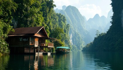 Fototapeta premium Wooden house on a lake, surrounded by mountains