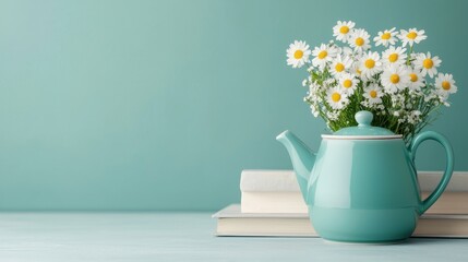 Charming Teapot with Fresh Daisies on Books Against Soft Green Background
