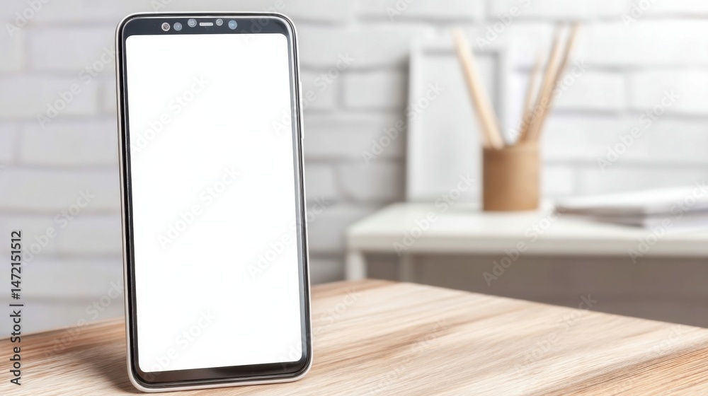 Poster modern smartphone with blank screen stands on wooden table in bright home office, showcasing app or 