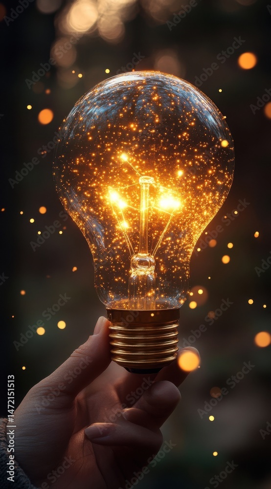 Poster a hand gently holds a glowing lightbulb filled with sparkling golden particles, creating a magical a