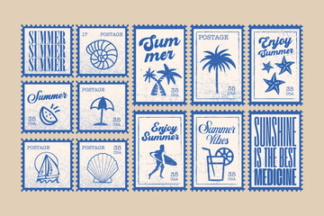 Set of vintage summer post card stamp. Retro style beach vacation postage sticker background illustration. Summertime season mail postmark texture print, postal label wallpaper.