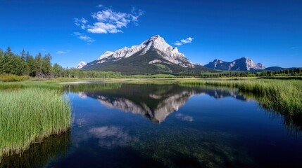 Majestic mountain reflected in a tranquil lake, surrounded by lush green vegetation under a vibrant blue sky.  A picturesque scene of natural beauty. : Generative AI
