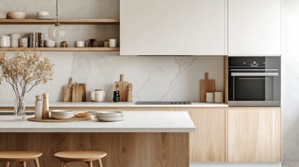 Modern minimalist kitchen design with light wood cabinets, marble countertops, and stylish accessories. A sleek oven and island add to the contemporary feel. : Generative AI