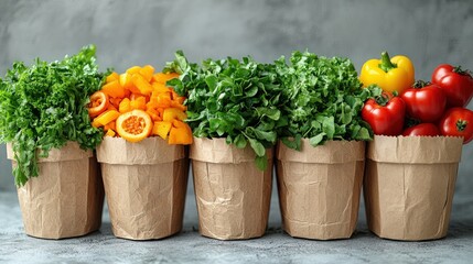Fresh vegetables and herbs arranged in paper pots on a textured background, showcasing vibrant colors