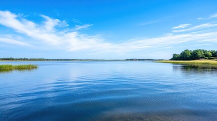 Serene coastal landscape featuring a tranquil blue lake under a vibrant summer sky with wispy clouds, showcasing lush green vegetation along the shoreline. : Generative AI