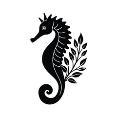 Elegant black seahorse illustration with botanical elements for modern logo and decorative design