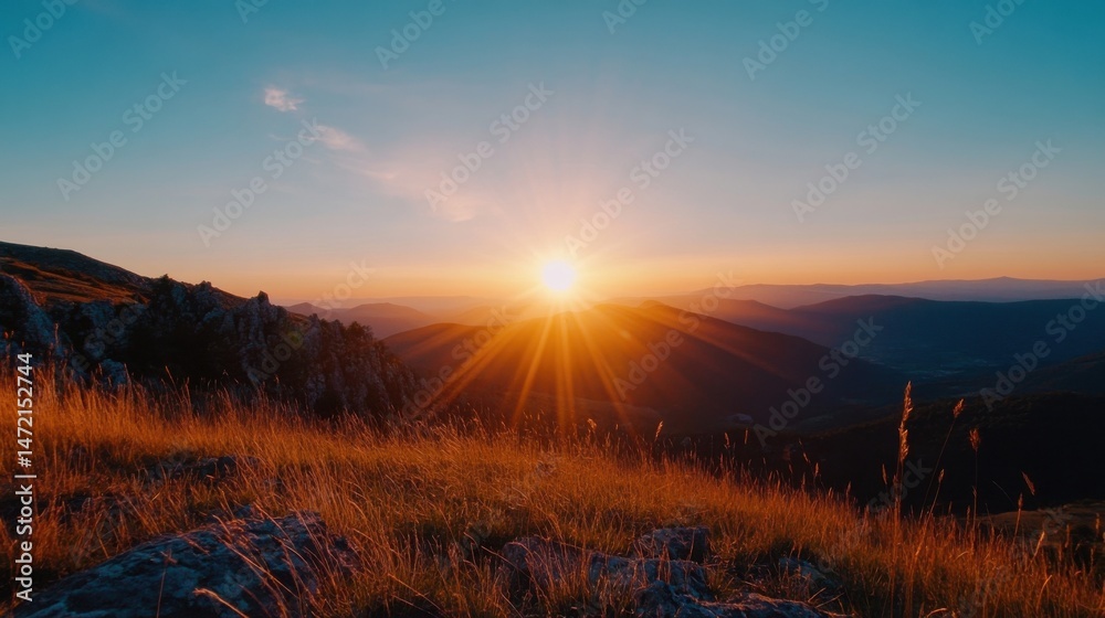 Poster golden sunset rays illuminate a mountain range, casting a warm glow on the tall grass and rocky terr