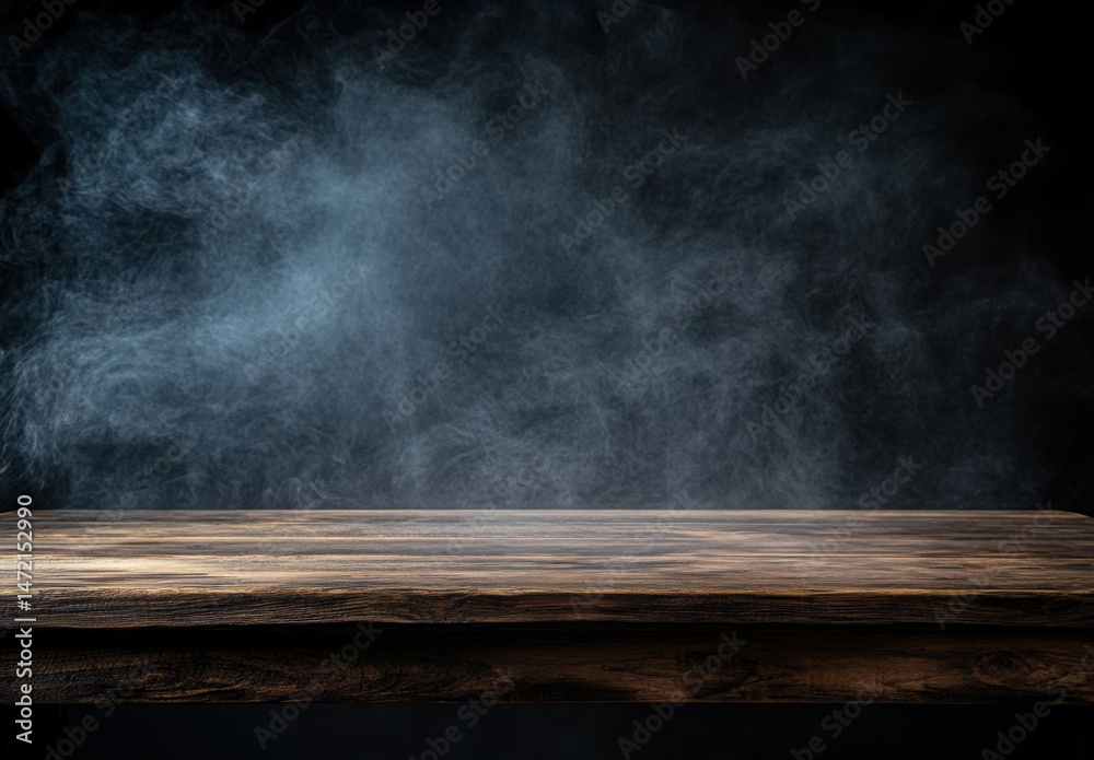 Poster Dark wooden table with ethereal blue smoke rising in the background, creating a mysterious and moody atmosphere, perfect for product display or fantasy compositions. : Generative AI